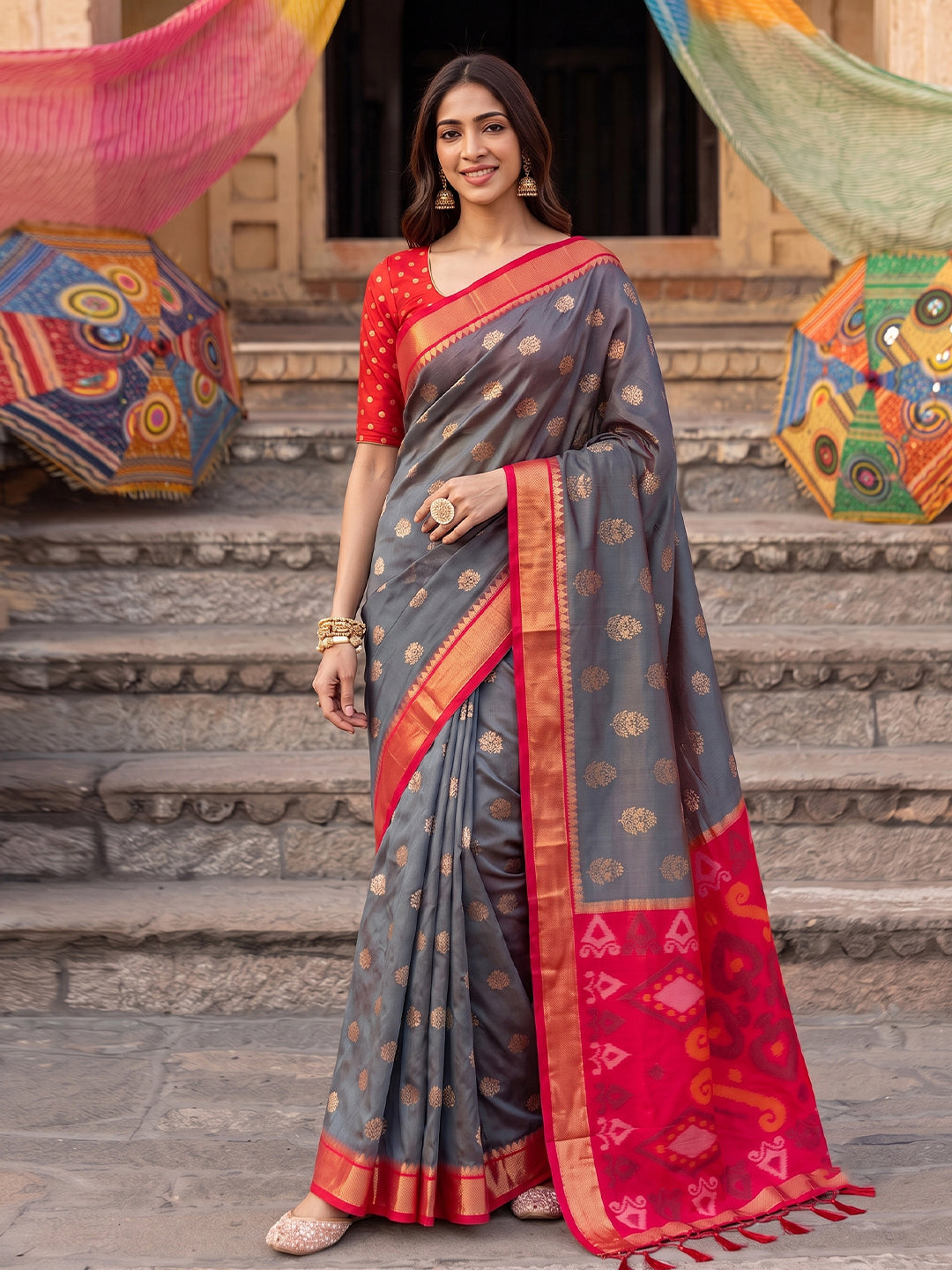 Shree Shyam Fashion Grey & Red Woven Work Soft Silk Fabric Festive Wear Saree With Blouse - Dista
