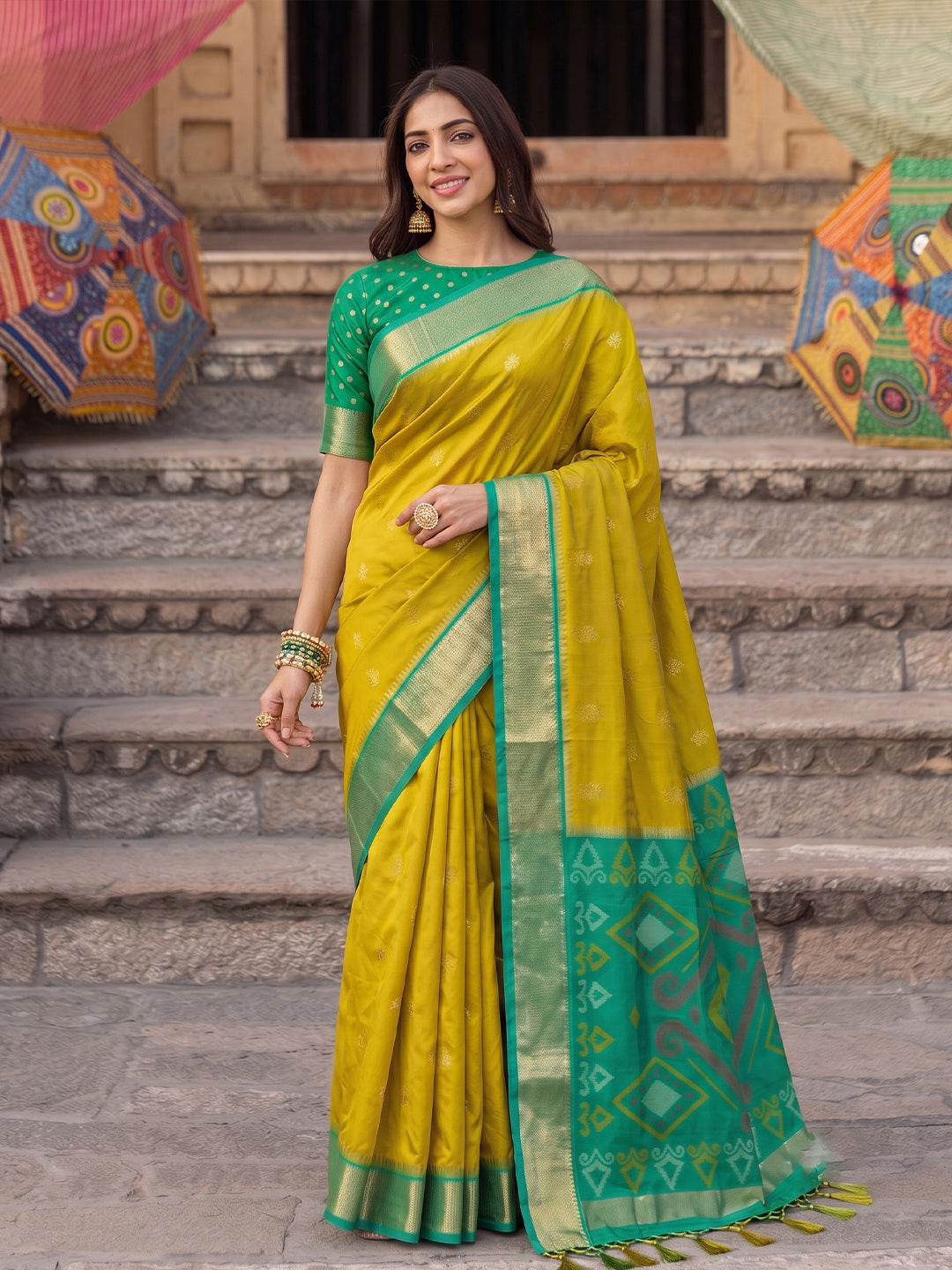 Shree Shyam Fashion Mustard & Green Woven Work Soft Silk Fabric Festive Wear Saree With Blouse - Dista
