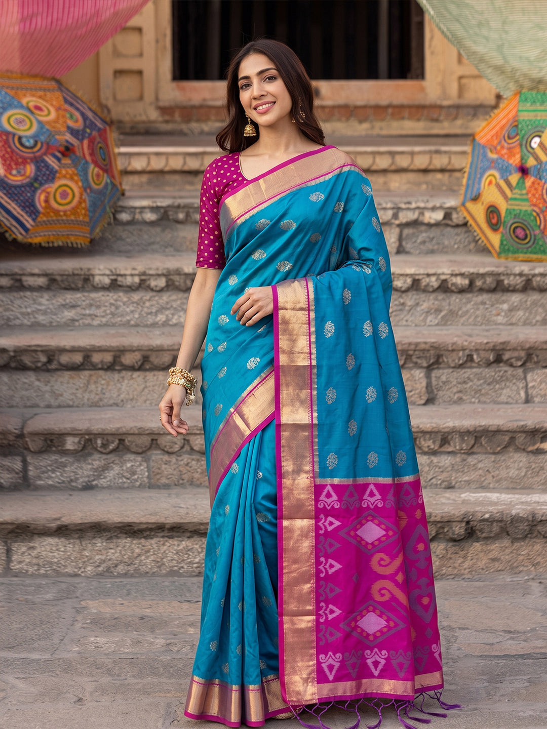 Shree Shyam Fashion Sky Blue & Rani Pink Woven Work Soft Silk Fabric Festive Wear Saree With Blouse - Dista