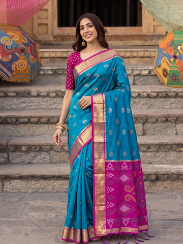 Shree Shyam Fashion Sky Blue & Rani Pink Woven Work Soft Silk Fabric Festive Wear Saree With Blouse - Dista