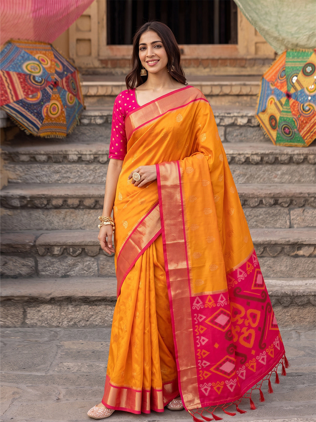 Shree Shyam Fashion Yellow & Rani Pink Woven Work Soft Silk Fabric Festive Wear Saree With Blouse - Dista