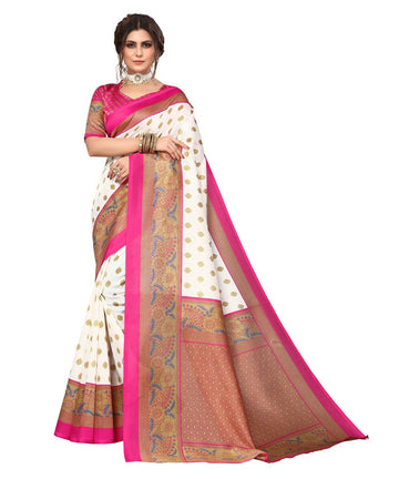 Vamika white & pink Printed Art Silk Saree - Distacart
