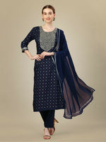 Thumbnail for Jyoti Fashion Women's Navy Blue Silk Blend Embroidery & Sequence work Kurta with Trouser & Dupatta - Distacart