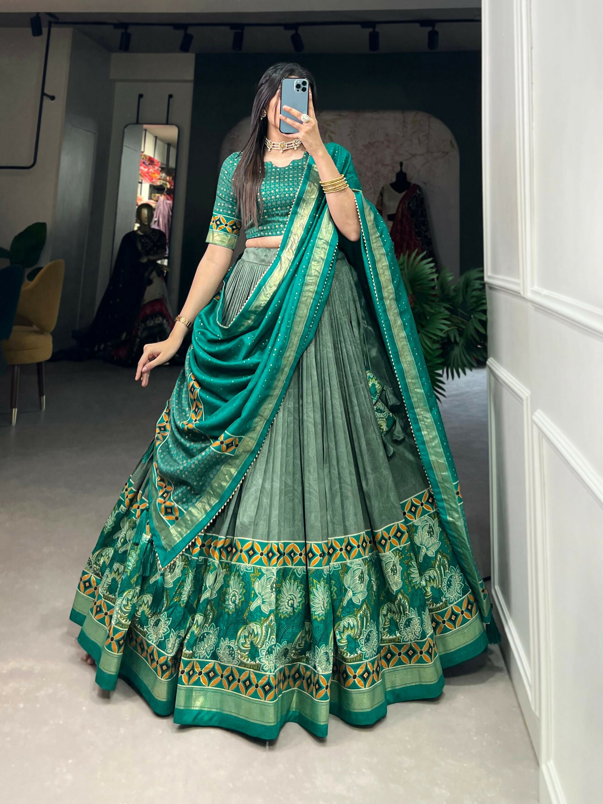 Vastranavya Floral Print With Foil Print Tussar Silk Lehenga with Unstitched Blouse - Sea Green - Distacart