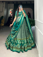 Thumbnail for Vastranavya Floral Print With Foil Print Tussar Silk Lehenga with Unstitched Blouse - Sea Green - Distacart