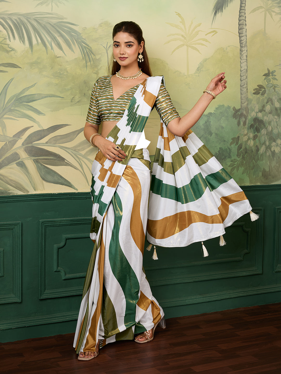 Dwija Fashion Mehendi Green Printed Silk Geometric Saree With Blouse