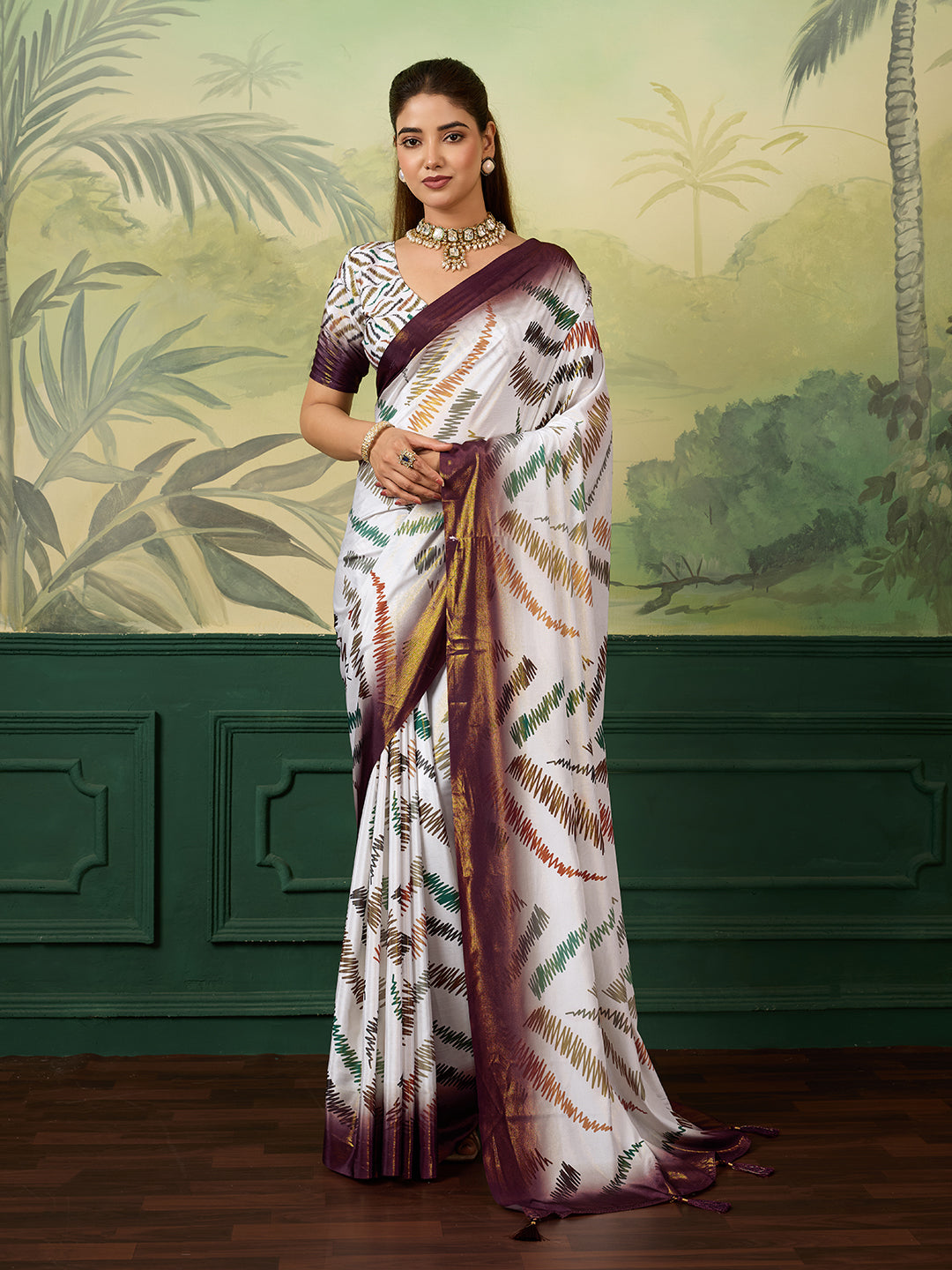 Dwija Fashion Wine Printed Silk Geometric Saree With Blouse