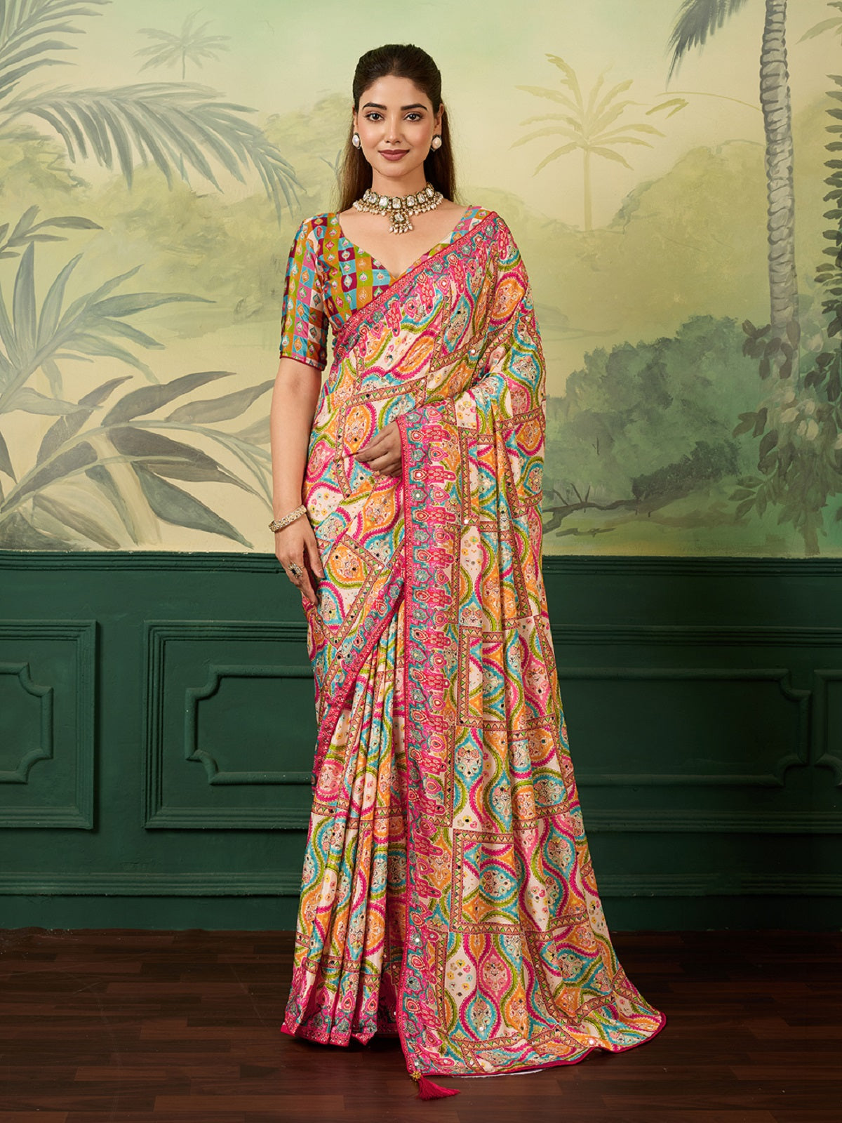 Dwija Fashion Women'S Pary Wear Printed Crep Silk Designer Saree With Unstitche Blouse-Multicolor - Dista