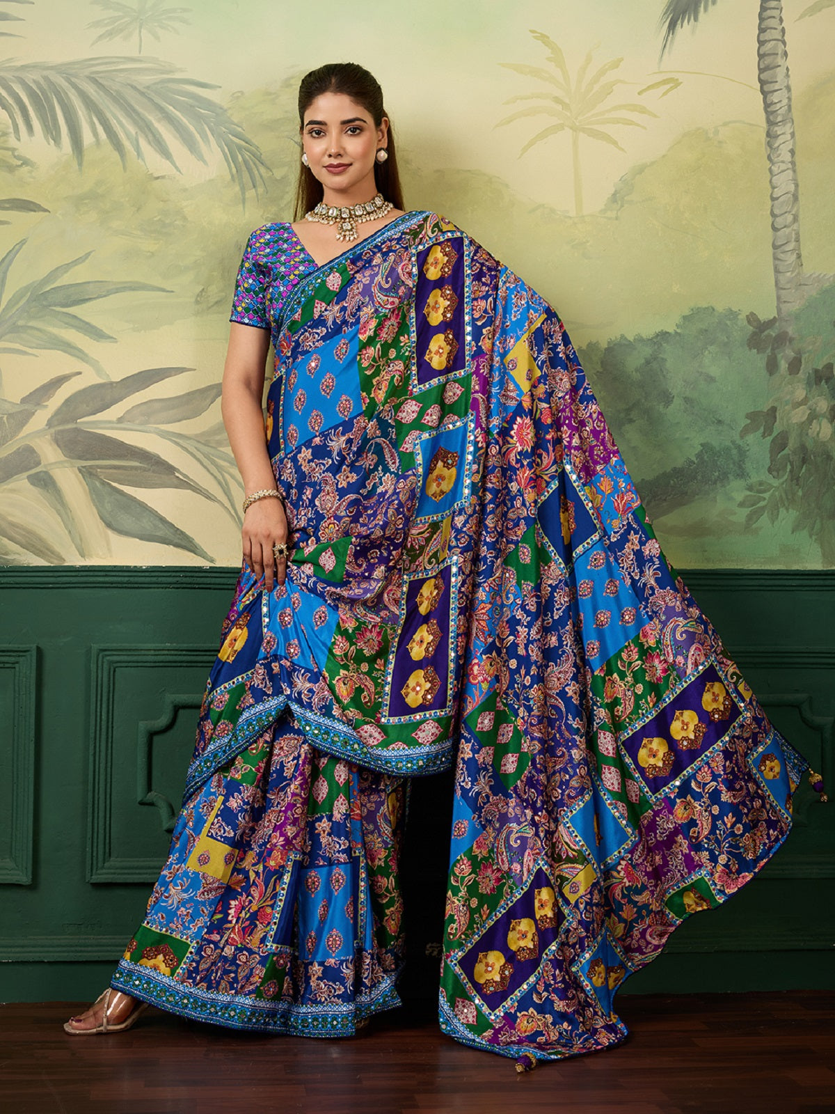 Dwija Fashion Women'S Pary Wear Printed Crep Silk Designer Saree With Unstitche Blouse-Blue - Dista