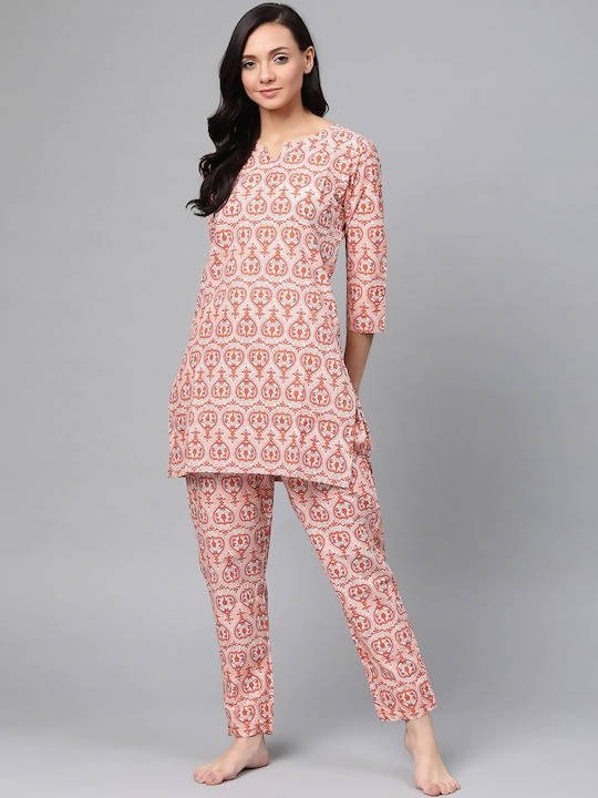 Anubhutee Orange & White Pure Cotton Printed Night suit - Distacart