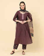 Thumbnail for Varanga Women Brown Viscose Rayon Printed Regular Kurta With Trousers & Dupatta - Distacart