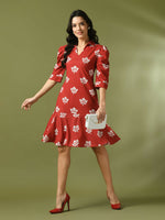 Thumbnail for Myshka Women's Rust Printed Shirt Collar Fit and Flare Party Dress - Distacart