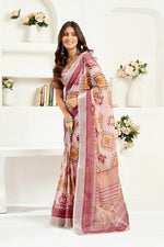 Thumbnail for Vastranavya White Maroon Digital Printed Linen Ready To Wear Designer Saree with Unstitched Blouse - Distacart