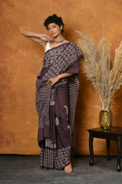 Very Much Indian Handblock Printed Cotton Saree With Natural Dyes - Brown - Distacart