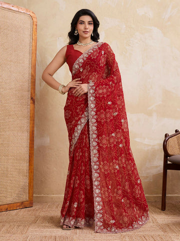 Teeya Creation New Trendy Leheriya Bandhani Georgette Saree For Daily Wear -Red - Dista