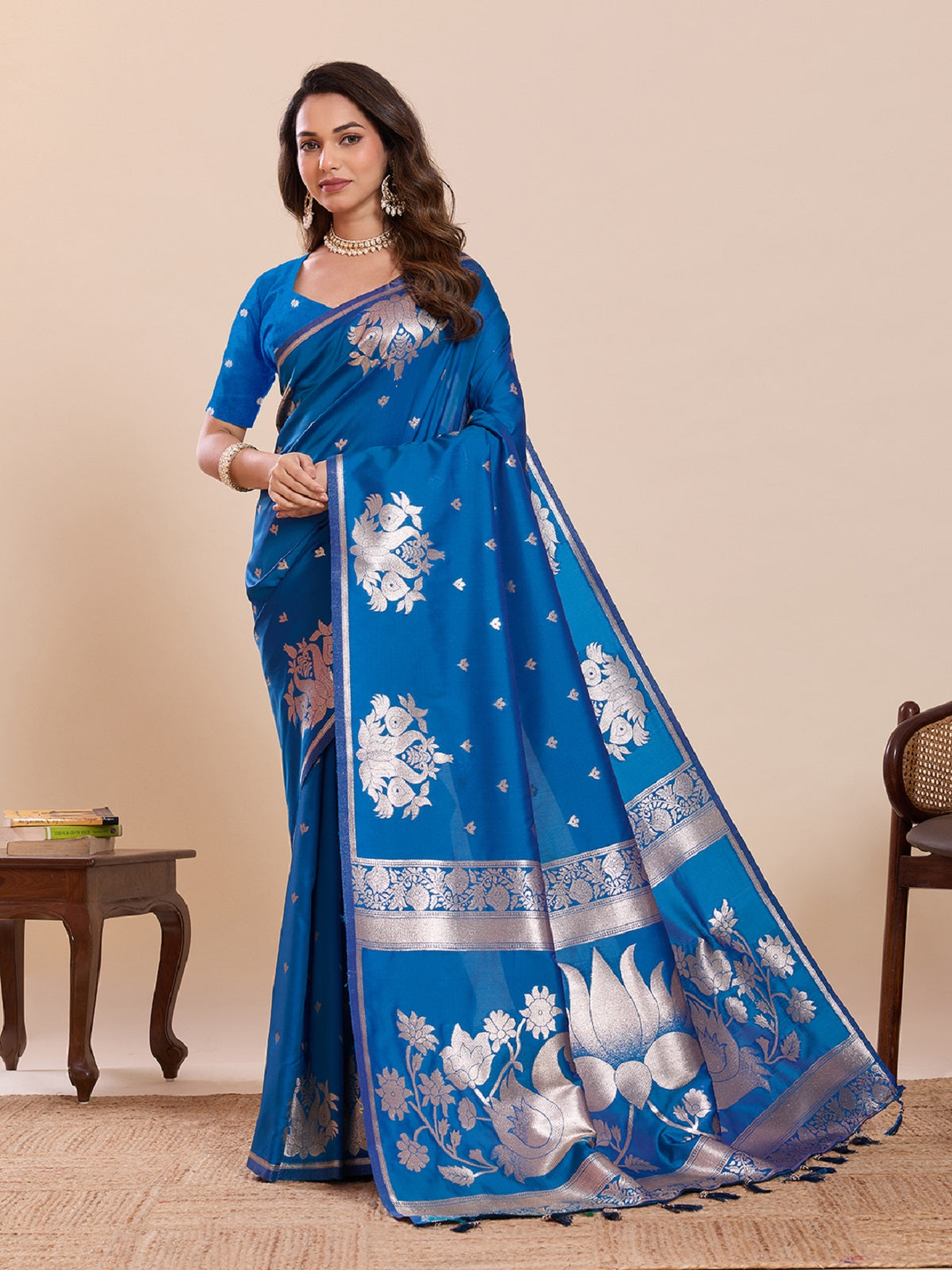 Dwija Fashion Blue Wedding Wear Paithani Silk Jari Weaving On All Over Saree With Unstitched Blouse - Dista