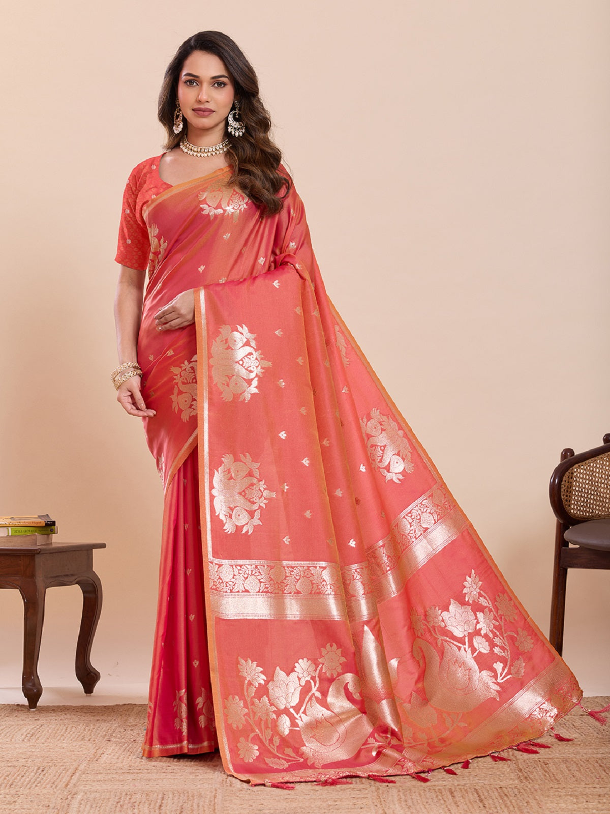 Dwija Fashion Peach Red Wedding Wear Paithani Silk Jari Weaving On All Over Saree With Unstitched Blouse - Dista