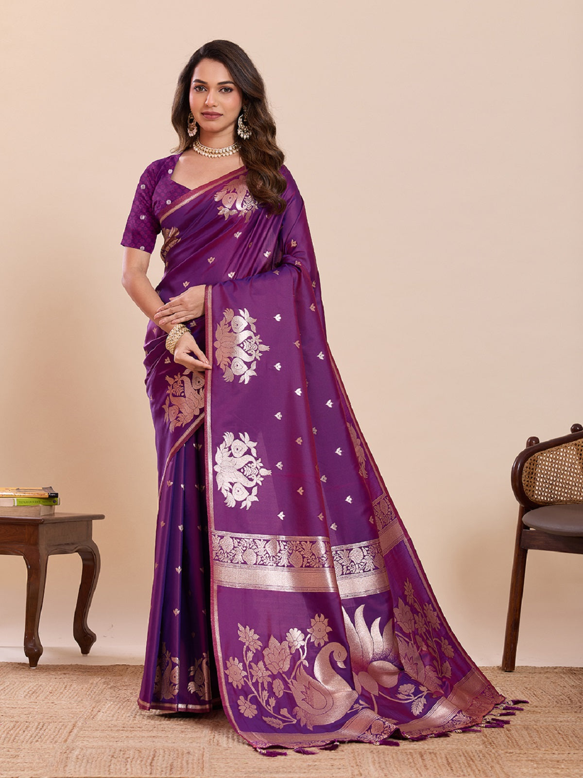 Dwija Fashion Dark Purple Wedding Wear Paithani Silk Jari Weaving On All Over Saree With Unstitched Blouse - Dista