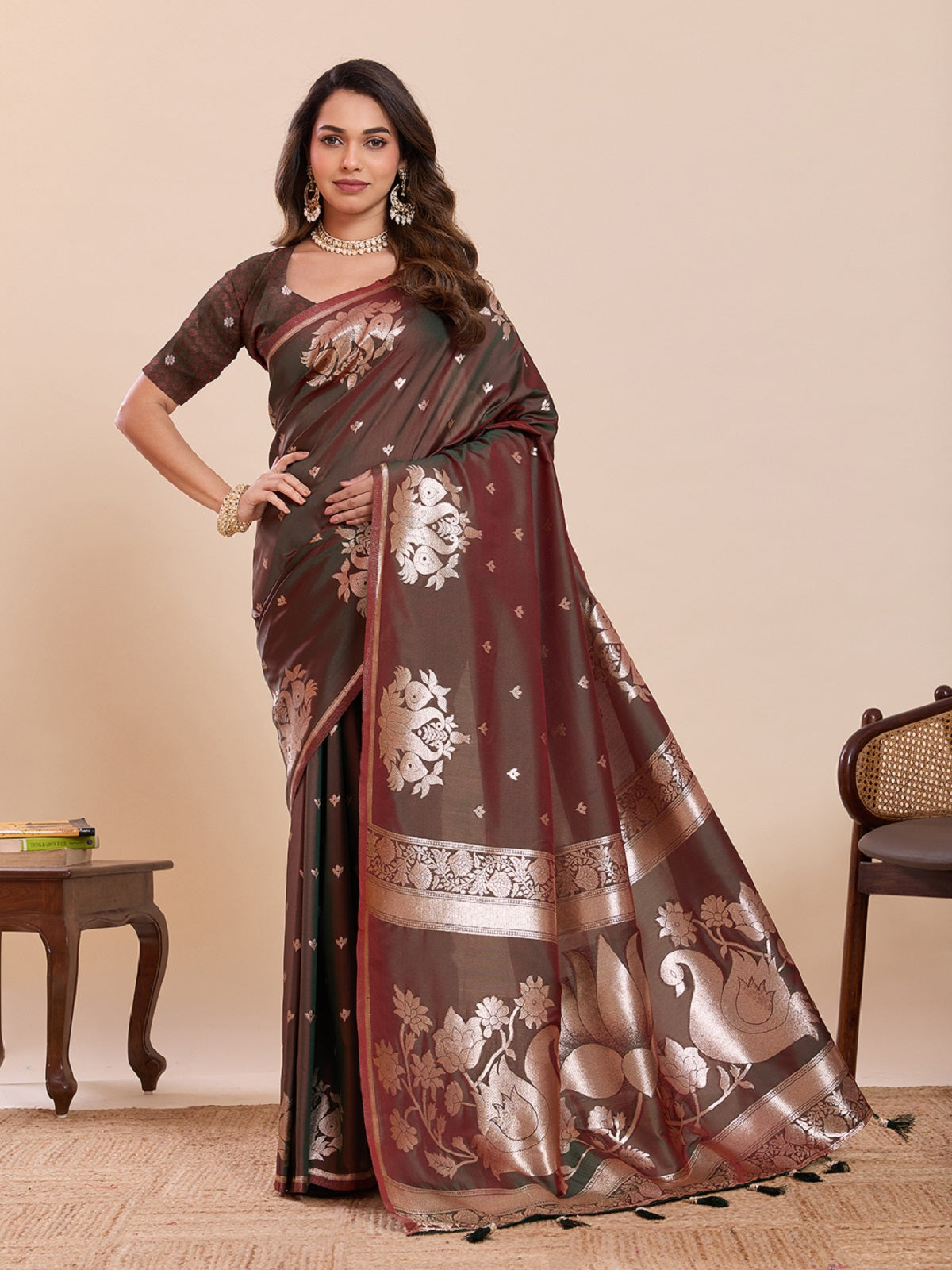 Dwija Fashion Chocolate Brown Wedding Wear Paithani Silk Jari Weaving On All Over Saree With Unstitched Blouse - Dista