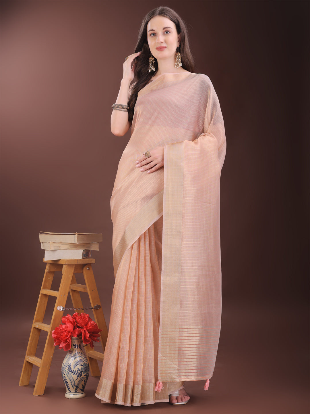 Astita Elegant Peach Organza Saree with Zari Border | Lightweight Transparent Saree with Blouse Piece for Festive & Daily Wear - Distacart