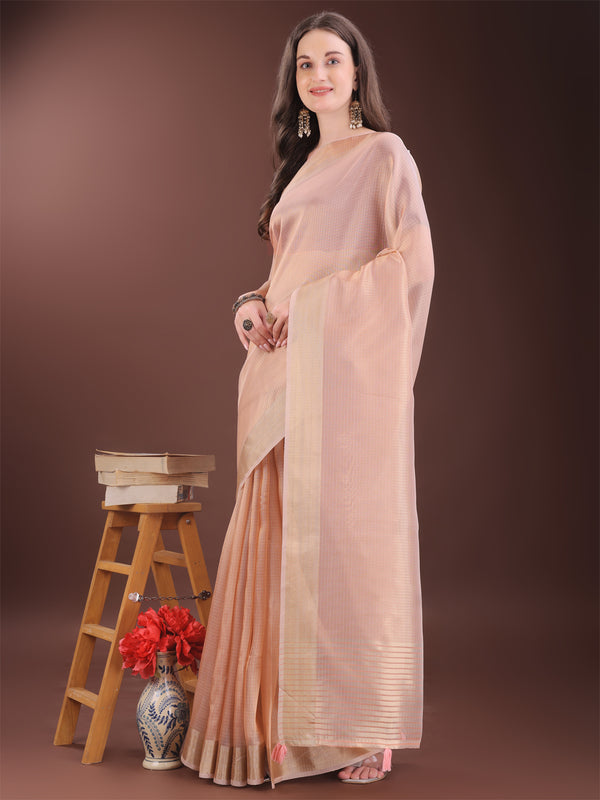 Astita Elegant Peach Organza Saree with Zari Border | Lightweight Transparent Saree with Blouse Piece for Festive & Daily Wear - Distacart