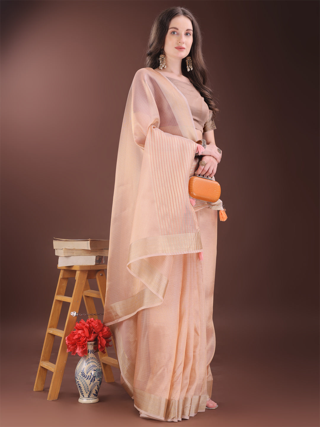 Astita Elegant Peach Organza Saree with Zari Border | Lightweight Transparent Saree with Blouse Piece for Festive & Daily Wear - Distacart