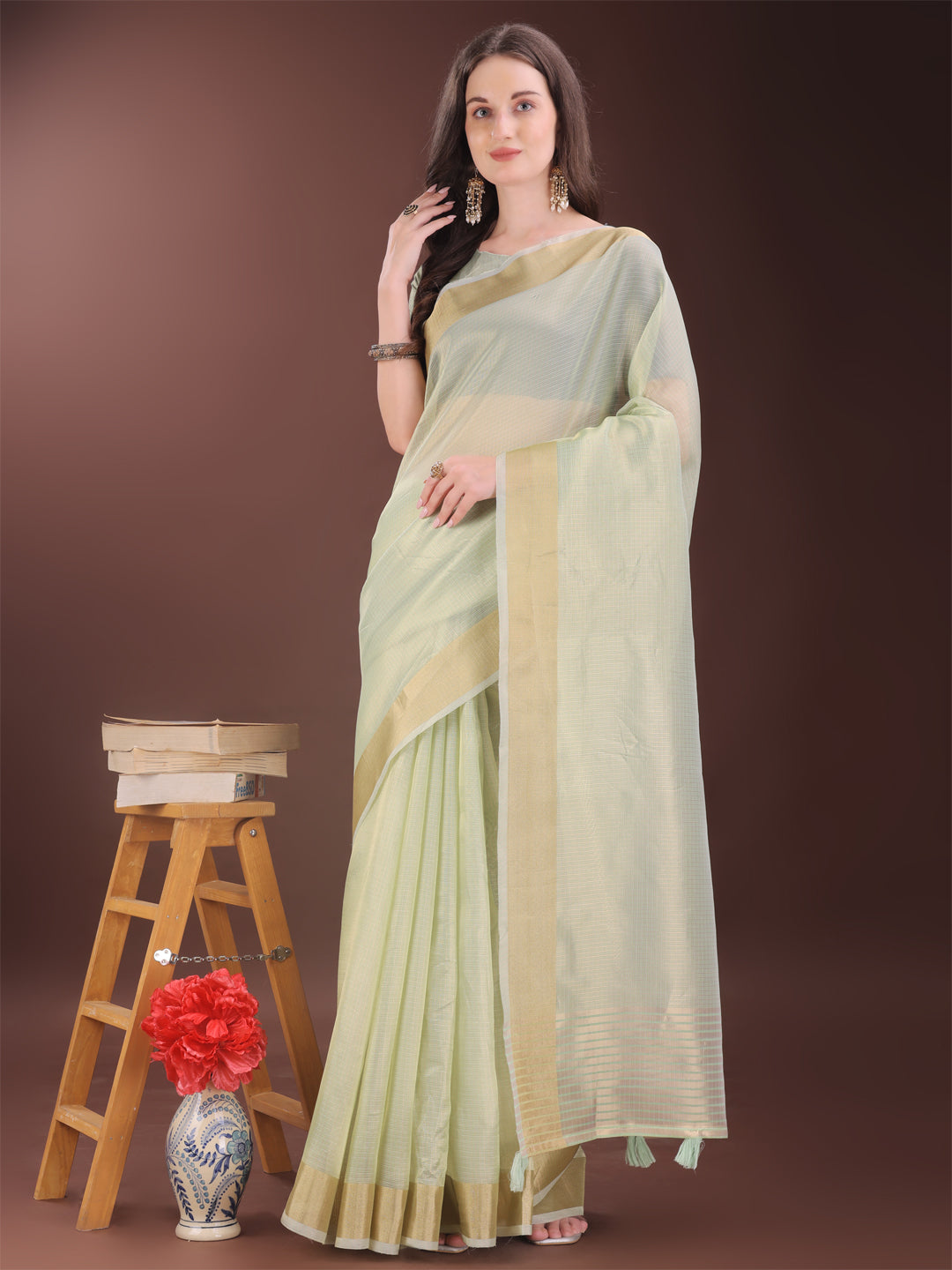Astita Elegant Light Green Organza Saree with Zari Border | Lightweight Transparent Saree with Blouse Piece for Festive & Daily Wear - Distacart