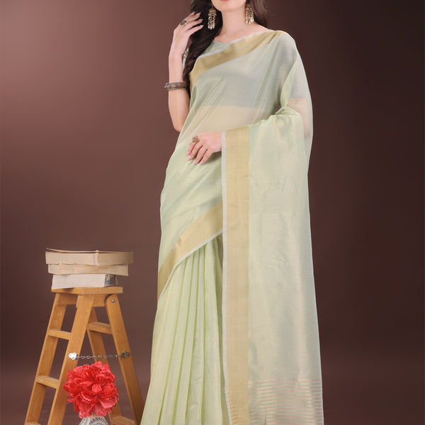 Astita Elegant Light Green Organza Saree with Zari Border | Lightweight Transparent Saree with Blouse Piece for Festive & Daily Wear - Distacart