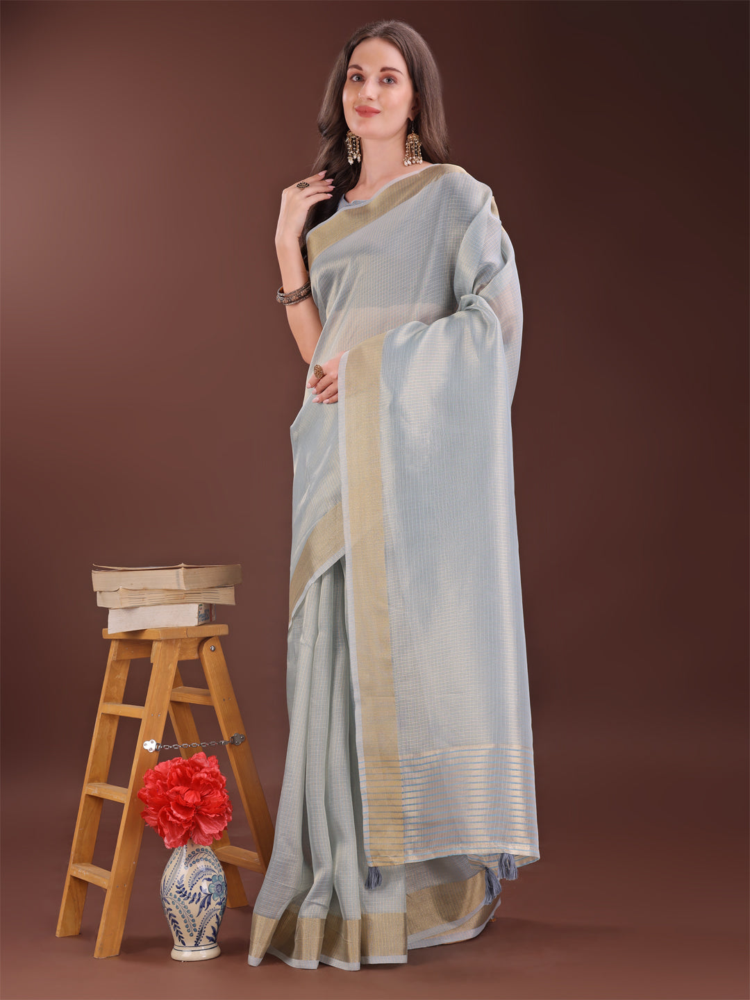 Astita Elegant Grey Organza Saree with Zari Border | Lightweight Transparent Saree with Blouse Piece for Festive & Daily Wear - Distacart
