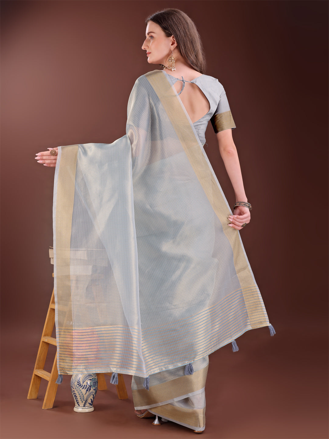 Astita Elegant Grey Organza Saree with Zari Border | Lightweight Transparent Saree with Blouse Piece for Festive & Daily Wear - Distacart