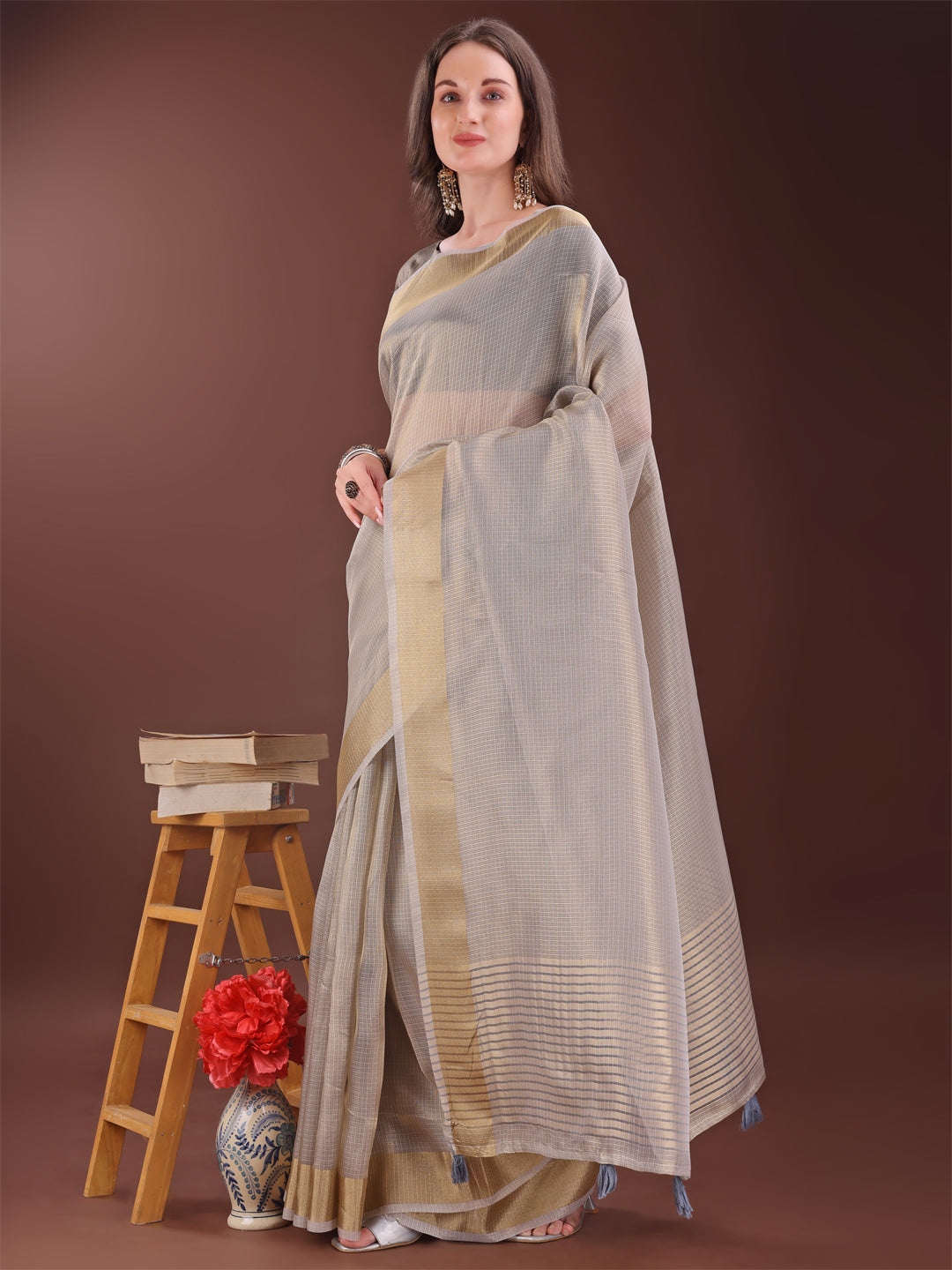 Astita Elegant Brown Organza Saree with Zari Border | Lightweight Transparent Saree with Blouse Piece for Festive & Daily Wear - Distacart