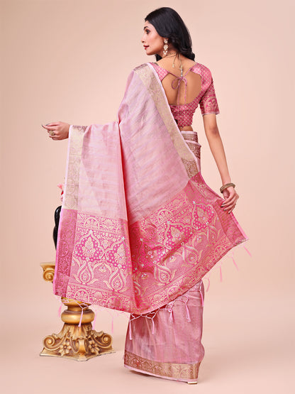 Shree Shyam Fashion Pink Organza Saree - Ethereal Sophistication in Every Fold - Distacart