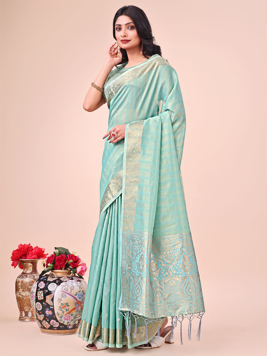 Shree Shyam Fashion Teal Organza Saree - Ethereal Sophistication in Every Fold - Distacart