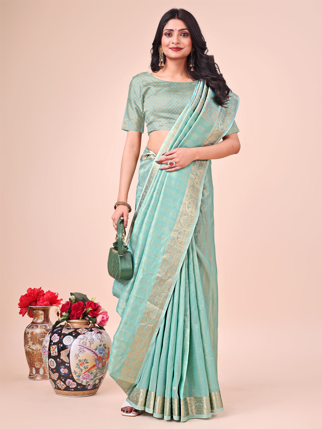 Shree Shyam Fashion Teal Organza Saree - Ethereal Sophistication in Every Fold - Distacart