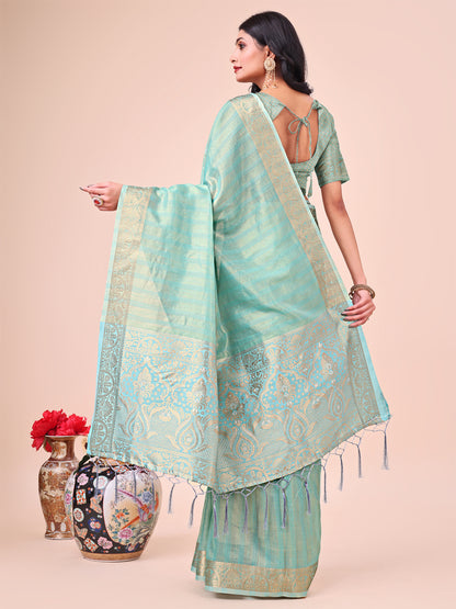 Shree Shyam Fashion Teal Organza Saree - Ethereal Sophistication in Every Fold - Distacart