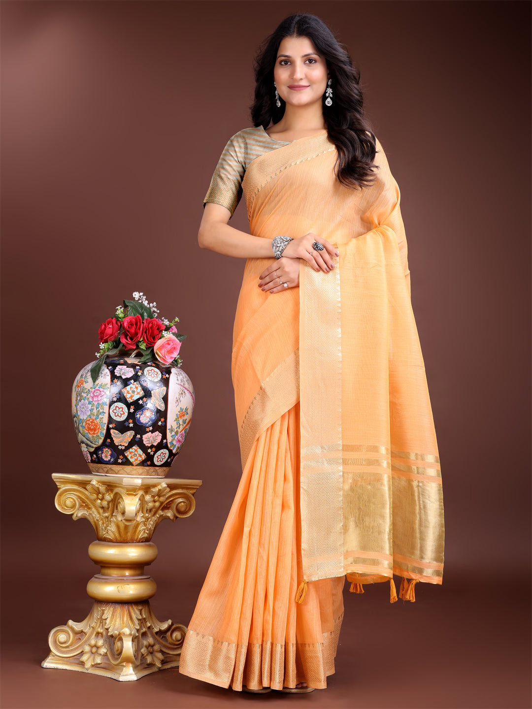 Astita Orange Cotton Woven Zari Work Traditional Tassel Saree - Distacart