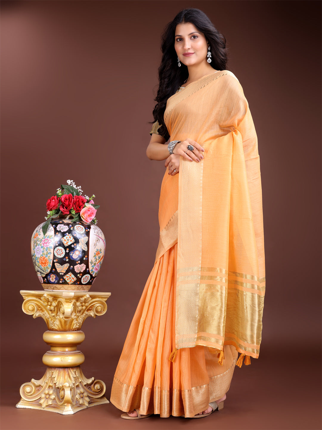Astita Orange Cotton Woven Zari Work Traditional Tassel Saree - Distacart