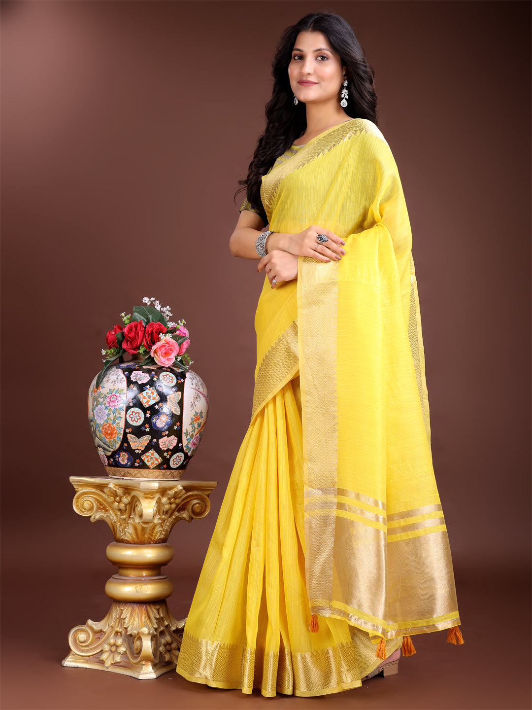 Astita Yellow Cotton Woven Zari Work Traditional Tassel Saree - Distacart