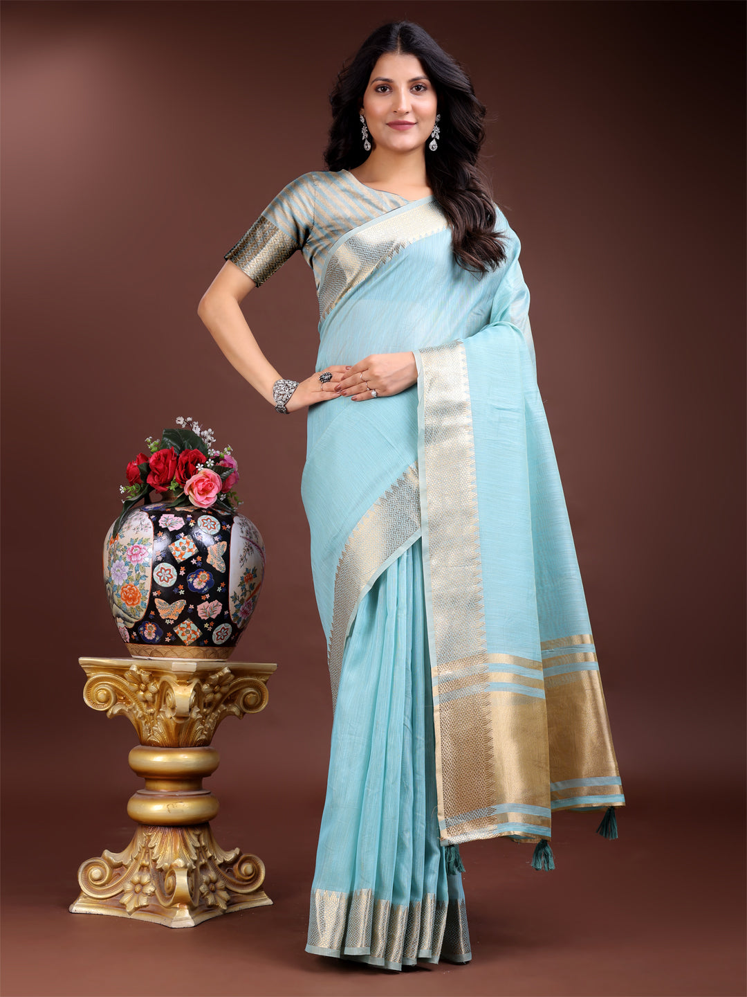 Astita Sky Blue Cotton Woven Zari Work Traditional Tassel Saree - Distacart