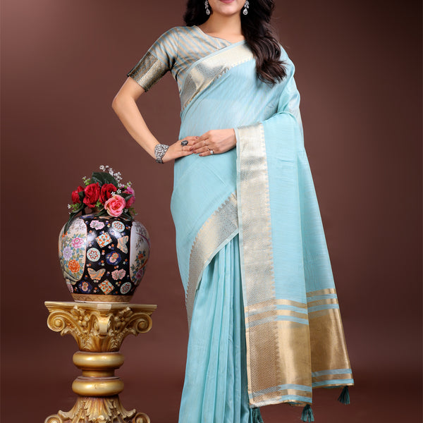 Astita Sky Blue Cotton Woven Zari Work Traditional Tassel Saree - Distacart