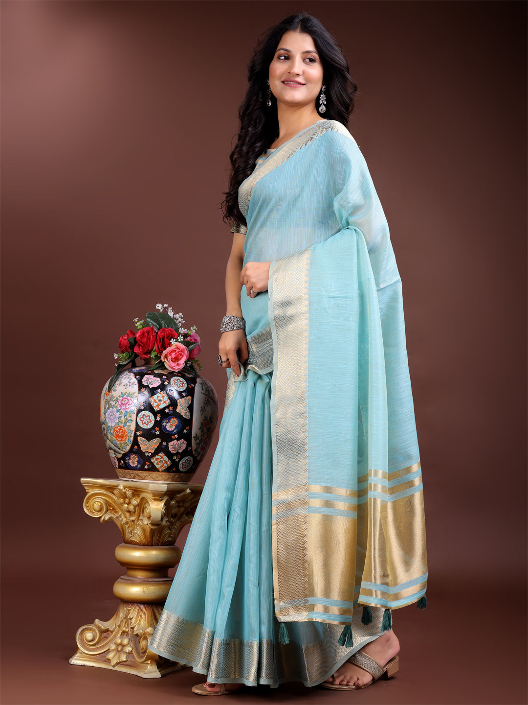 Astita Sky Blue Cotton Woven Zari Work Traditional Tassel Saree - Distacart