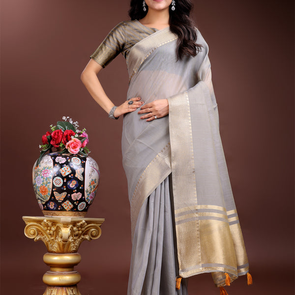 Astita Grey Cotton Woven Zari Work Traditional Tassel Saree - Distacart