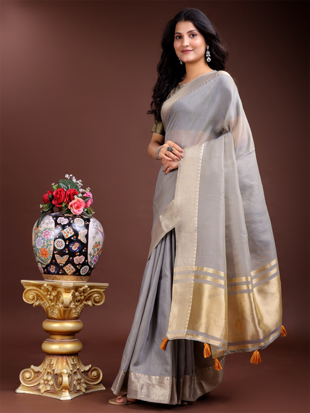 Astita Grey Cotton Woven Zari Work Traditional Tassel Saree - Distacart