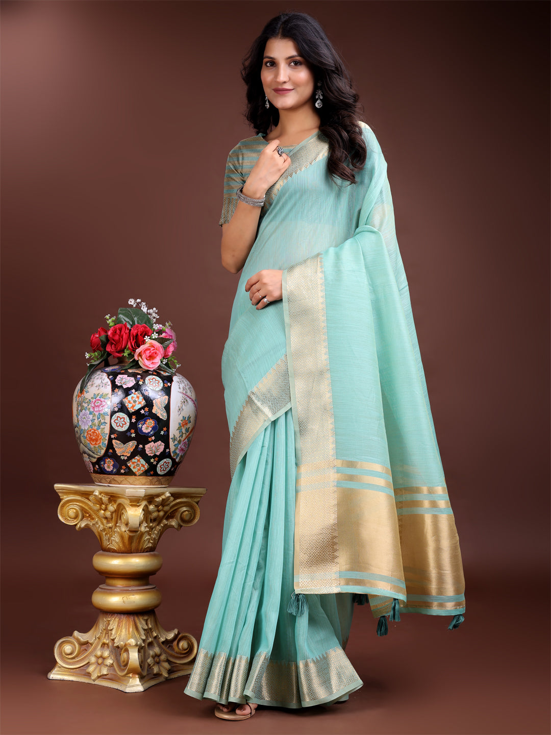 Astita Sea Green Cotton Woven Zari Work Traditional Tassel Saree - Distacart