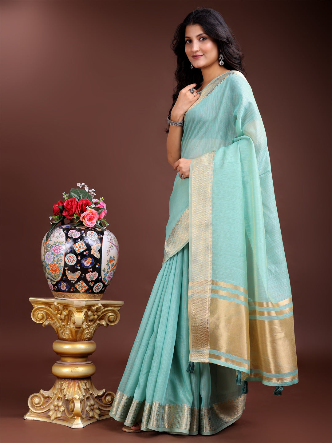 Astita Sea Green Cotton Woven Zari Work Traditional Tassel Saree - Distacart