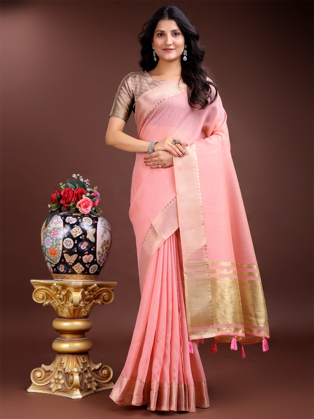 Astita Pink Cotton Woven Zari Work Traditional Tassel Saree - Distacart