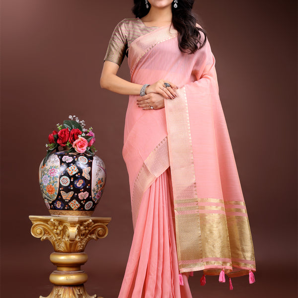 Astita Pink Cotton Woven Zari Work Traditional Tassel Saree - Distacart