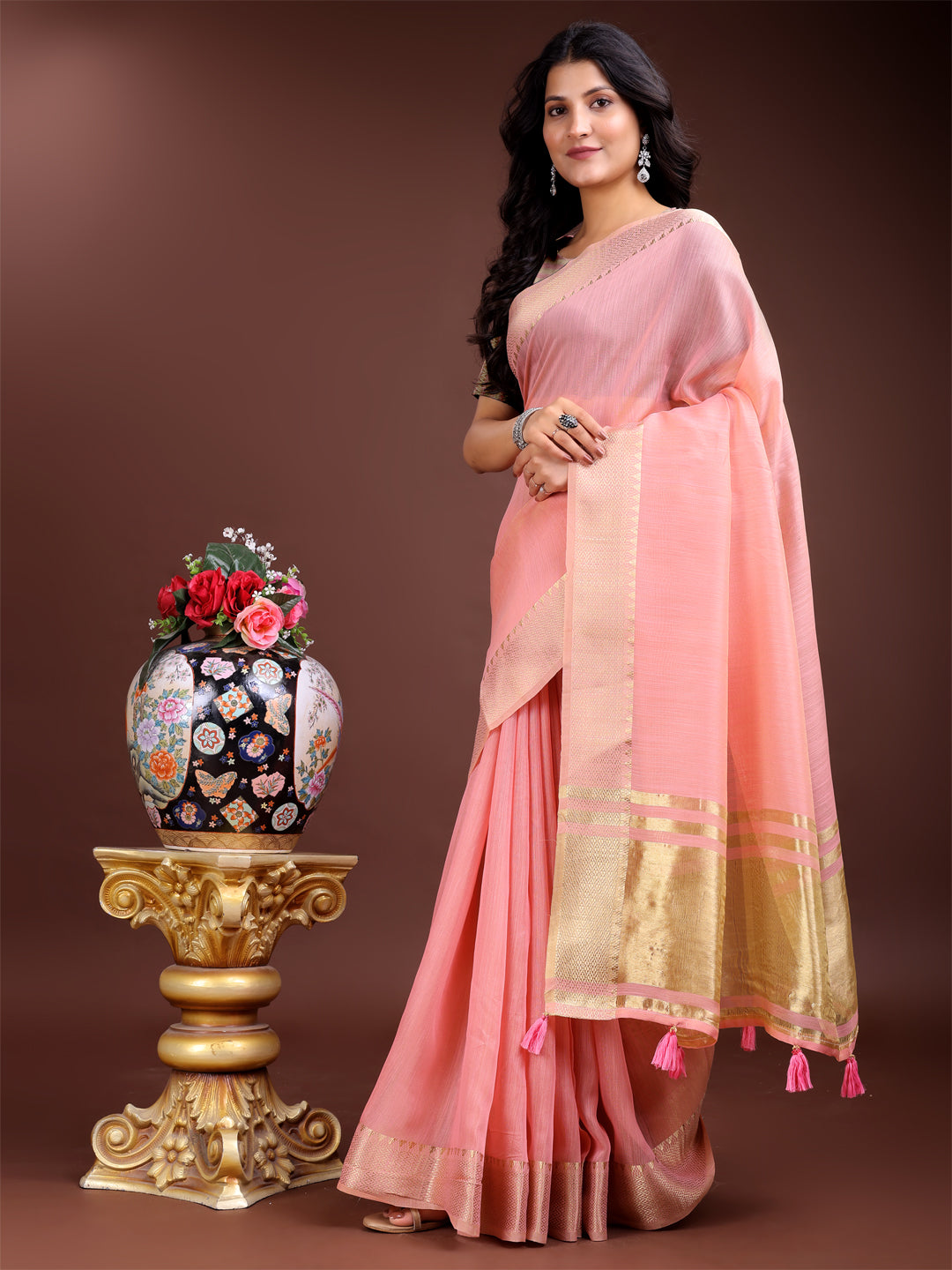 Astita Pink Cotton Woven Zari Work Traditional Tassel Saree - Distacart