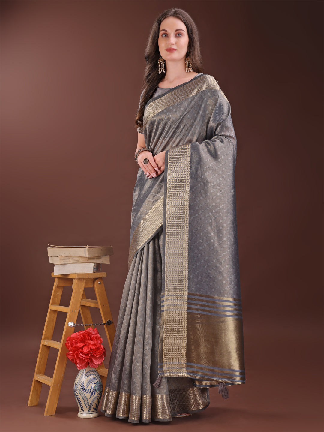 Astita Graceful Grey Organza Saree with Rich Golden Zari Border | Elegant Party Wear Saree with Blouse Piece - Distacart