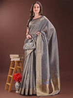 Thumbnail for Astita Graceful Grey Organza Saree with Rich Golden Zari Border | Elegant Party Wear Saree with Blouse Piece - Distacart